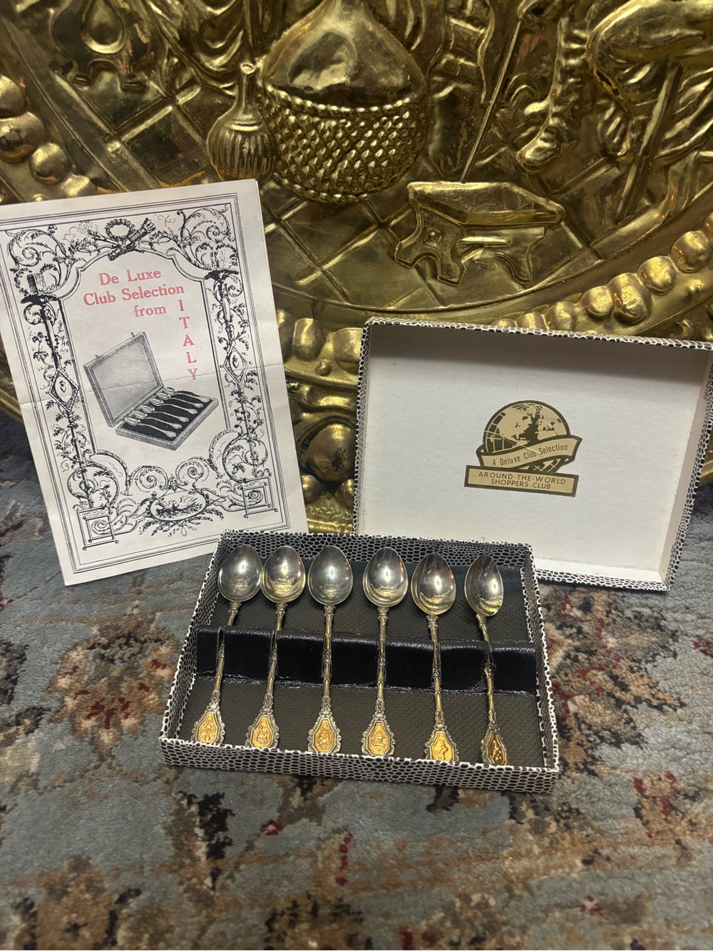 Vintage NIB De Luxe Italian Gold-Accent Demitasse Silver Spoon Set - 6 Pieces